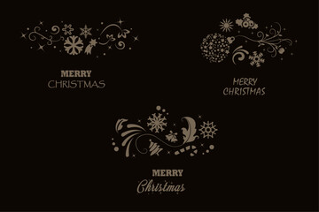 Merry Christmas greeting card concept with words, snowflake branches border. Greeting text typography lettering. Typography emblems.. Greeting card banner and poster. Vector