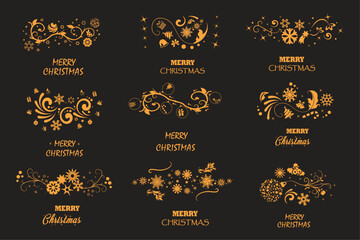 Merry Christmas greeting card concept with words, snowflake branches border. Greeting text typography lettering. Typography emblems.. Greeting card banner and poster. Vector