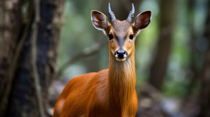 Male Muntjacs, also known as barking deer and Mastreani deer, are small deer of the genus Muntiacus, at the rain. Blur background with copy space , Khaoyai National Park . Thailand