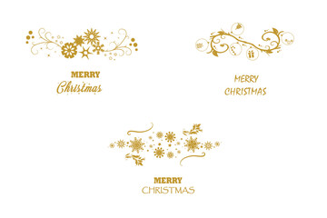 Merry Christmas greeting card concept with words, snowflake branches border. Greeting text typography lettering. Typography emblems.. Greeting card banner and poster. Vector