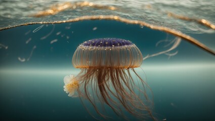  A solitary jellyfish, its body adorned with intricate patterns, glides through the sea with a sense of tranquility and grace - obrazy, fototapety, plakaty
