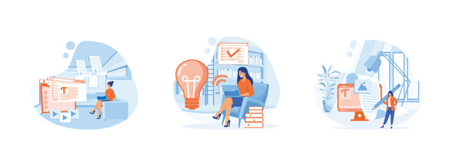 Content writer. Content Writer or Journalist.Smart woman using pencil to create online blog image. Content writer set flat vector modern illustration 