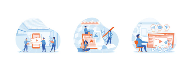 Video marketing online.Promotion in social network concept.  Video marketing by creation film production and online content. Content Marketing set flat vector modern illustration