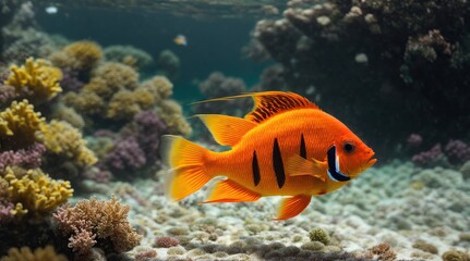 Fototapeta na wymiar A vibrant flame angelfish glides gracefully through crystal clear waters, its fiery orange and yellow scales shimmering in the sunlight