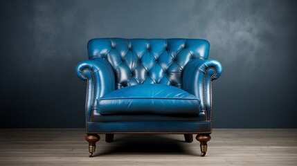 A classic blue leather armchair with button tufting, displayed prominently on a white stage.