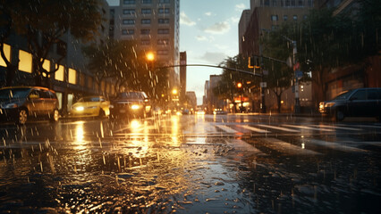 Fototapeta na wymiar View of a rainy city street at sunset