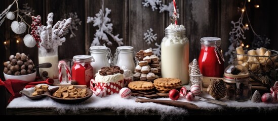 cozy background of a winter wonderland, a festive Christmas table adorned with white and red decorations, laden with delectable food and sweet treats awaits. The aromatic breakfast spread features