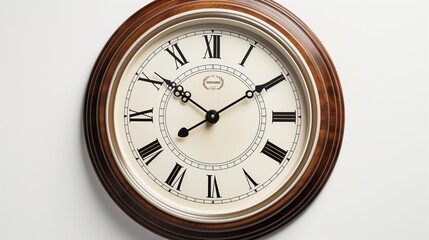 A classic wall clock, its wooden frame contrasting the white.