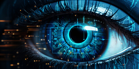 Humanlike robot's eye. Young woman with iris scanning. Cyber security concept. Innovative future technology for identification,  Bionic Technology Concept, Digital Code. Futuristic view. generative AI