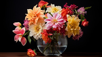 A clear vase filled with fresh cut flowers, bright petals creating contrast.