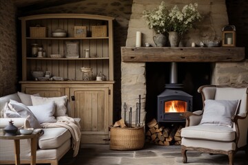 French country farmhouse living room with cozy grey sofa and rustic coffee table by fireplace