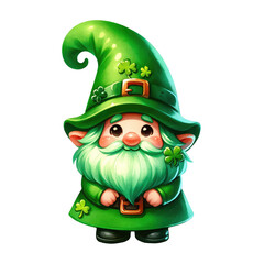 Obraz premium Bright green gnome celebrating St. Patrick's Day, cartoonish with an oversized hat over one eye, clutching a sunflower, PNG transparent background