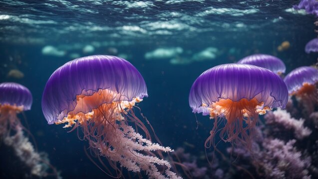 n the depths of the sea, a majestic jellyfish with vibrant hues of blue and purple floats serenely, its translucent body pulsating with life