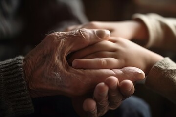 Fototapeta premium Child touching elderly person. Hands young child tenderly cared old senior. Generate AI