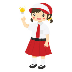 Indonesia elementary student character vector. Happy girl student wearing Indonesia school uniform 
having an idea with a yellow lamp sign, in white background.