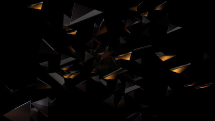 Abstract best background with golden triangles on black background. 3D. 4K. Isolated black background.