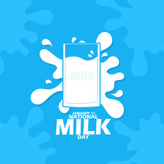 National Milk Day event banner. A glass of milk with a splash on the back, with bold text on light blue background to celebrate on January 11th - obrazy, fototapety, plakaty