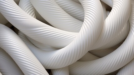 A coiled garden hose, its texture contrasting the smooth white surface. - obrazy, fototapety, plakaty