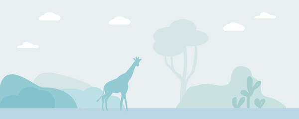 Delicate landscape with a giraffe. Dawn in Africa. Nature background. Vector illustration - obrazy, fototapety, plakaty