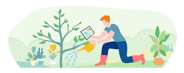 The gardener waters the tree. Hand drawn, Cute vector illustration