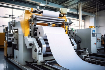 Factory for the production of paper and cardboard. Production equipment for paper production. Big machine. The machine makes paper.