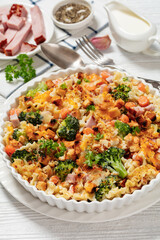 Ham Broccoli Pasta Bake with cheese and croutons