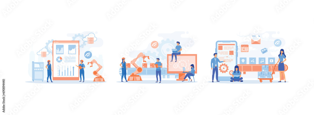 Poster smart factory.smart industry. connecting, loading a smart phone and sharing media data with a system
