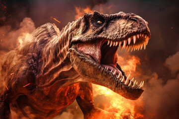Tyrannosaurus T-rex ,dinosaur on smoke and fire background. Global catastrophe. A dinosaur escapes...