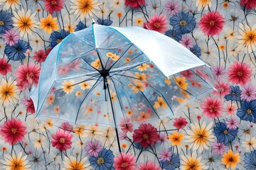 Umbrella with  flowers in rain.
