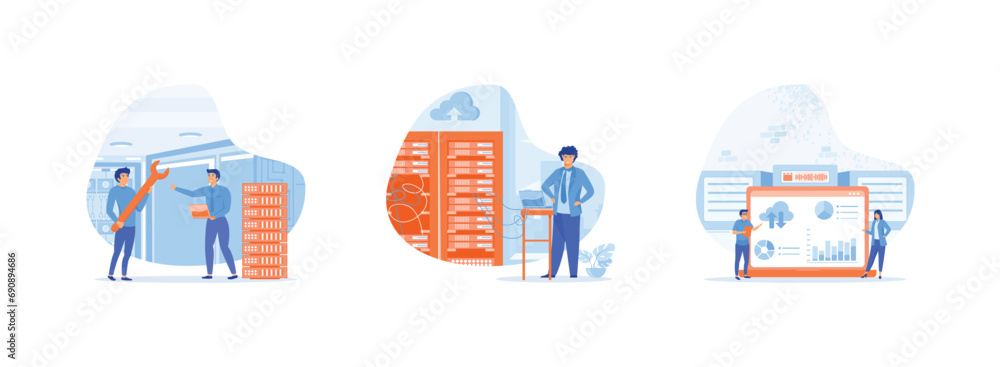Poster data center. technician works in server room racks. business technology cloud computing service. dat