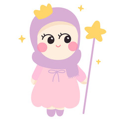 Muslim girl cartoon character, Muslim girl clipart, Muslim girl sticker, hijab girl, hijab cartoon, Cute young Muslim princess holding a star wand.