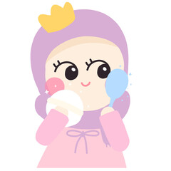 Muslim girl cartoon character, Muslim girl clipart, Muslim girl sticker, hijab girl, hijab cartoon, A cute young Muslim princess is doing makeup, enhancing her beauty,