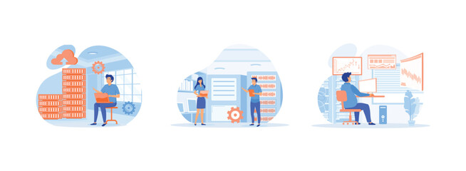 Data center. Data network management. Hosting Server Computer Monitoring Information Database. Data center set flat vector modern illustration 