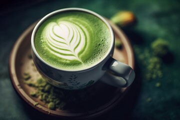 Matcha latte cup morning drink. Milk leaf coffee art nutrition. Generate Ai