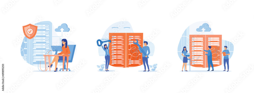 Poster server maintenance. server security. repairs on a server device. server maintenance set flat vector 