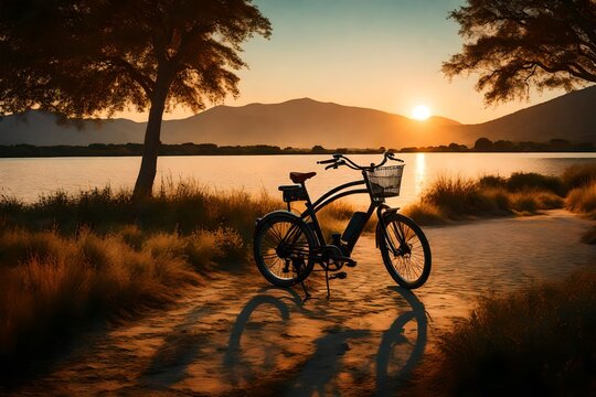 Landscape image with Bicycle at sunset.
