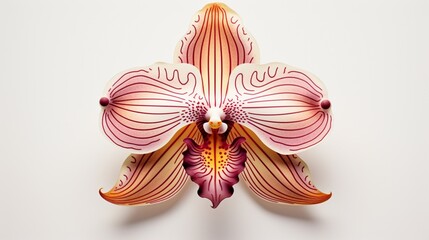 A delicate orchid flower, displaying intricate patterns and rich color gradients, isolated on a stark white backdrop.