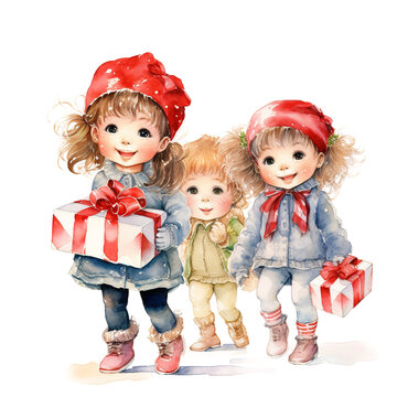Children carrying Giftbox For Christmas Event. Watercolor Style. AI Generated