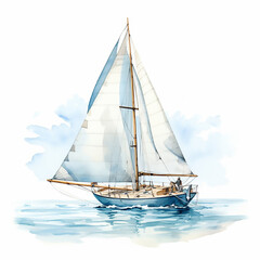 sea ship water sail sailboat summer blue yacht ocean boat travel sky illustration watercolor art wind va