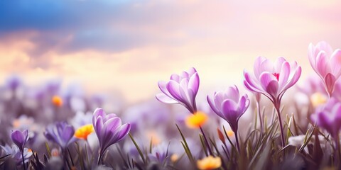crocus  blossom flower field with bokeh and glow light, dream like fantasy in misty morning...