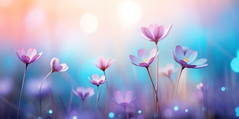 pink cosmos blossom flower field with bokeh and glow light, dream like fantasy in misty morning wildflower meadow, Generative Ai