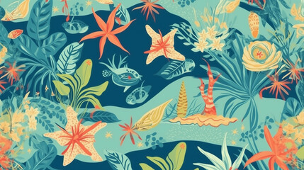 Fototapeta na wymiar A lively beach cheerful seamless pattern showcasing a tropical paradise with crystal clear turquoise waters. Generative ai.