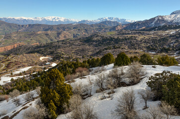 slopes of Amirsoy mountain resort in early spring(Tashkent region, Uzbekistan)	