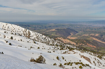 slopes of Amirsoy mountain resort in early spring(Tashkent region, Uzbekistan)	