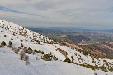 slopes of Amirsoy mountain resort in early spring(Tashkent region, Uzbekistan)	