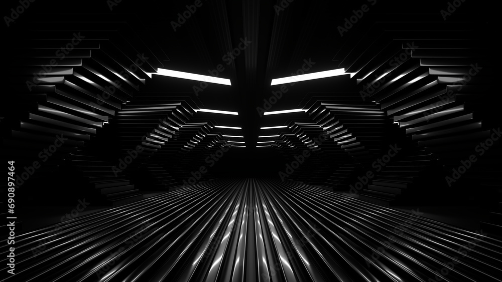 Poster sci fi neon glowing lines in a dark tunnel. reflections on the floor and ceiling. empty background i