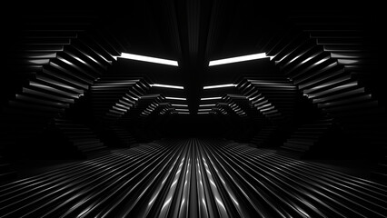 Sci Fi neon glowing lines in a dark tunnel. Reflections on the floor and ceiling. Empty background in the center. 3d rendering image. Abstract glowing lines. Technology futuristic background.