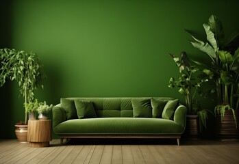 Velvet sofa in green theme room with plants in pot and vases against royal green empty wall mockup background.