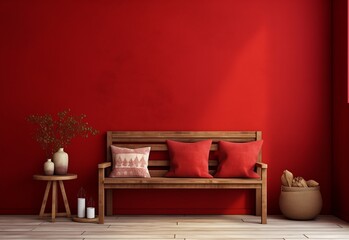 Old wood bench with red terra cotta pillows and round decor table against royal red empty wall background mockup.