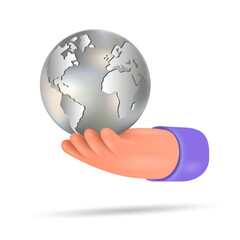 The hand holds the planet earth.
3D vector illustration in a futuristic style.